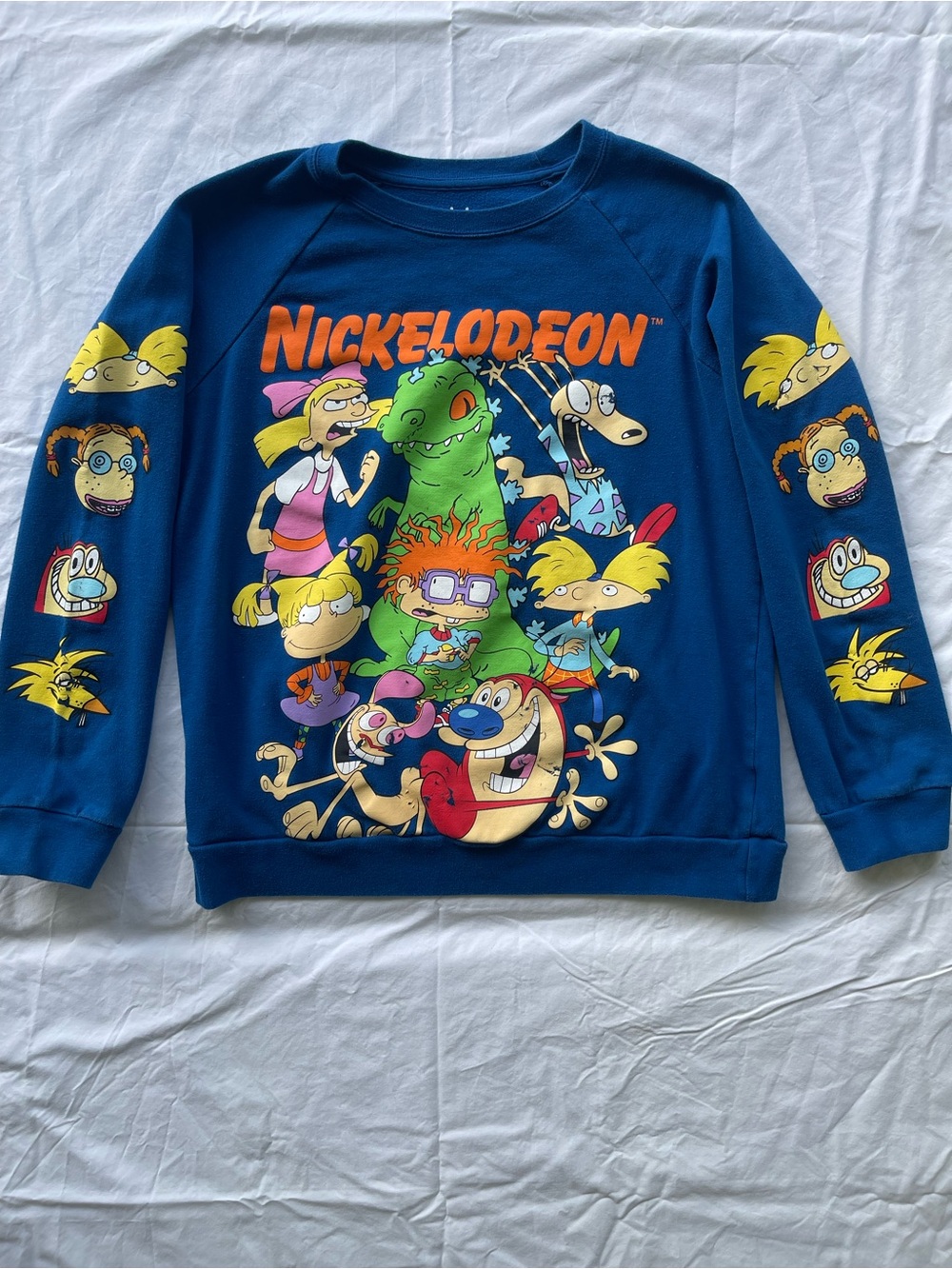 Nickelodeon Blue Crewneck Sweater with Classic Cartoon Characters